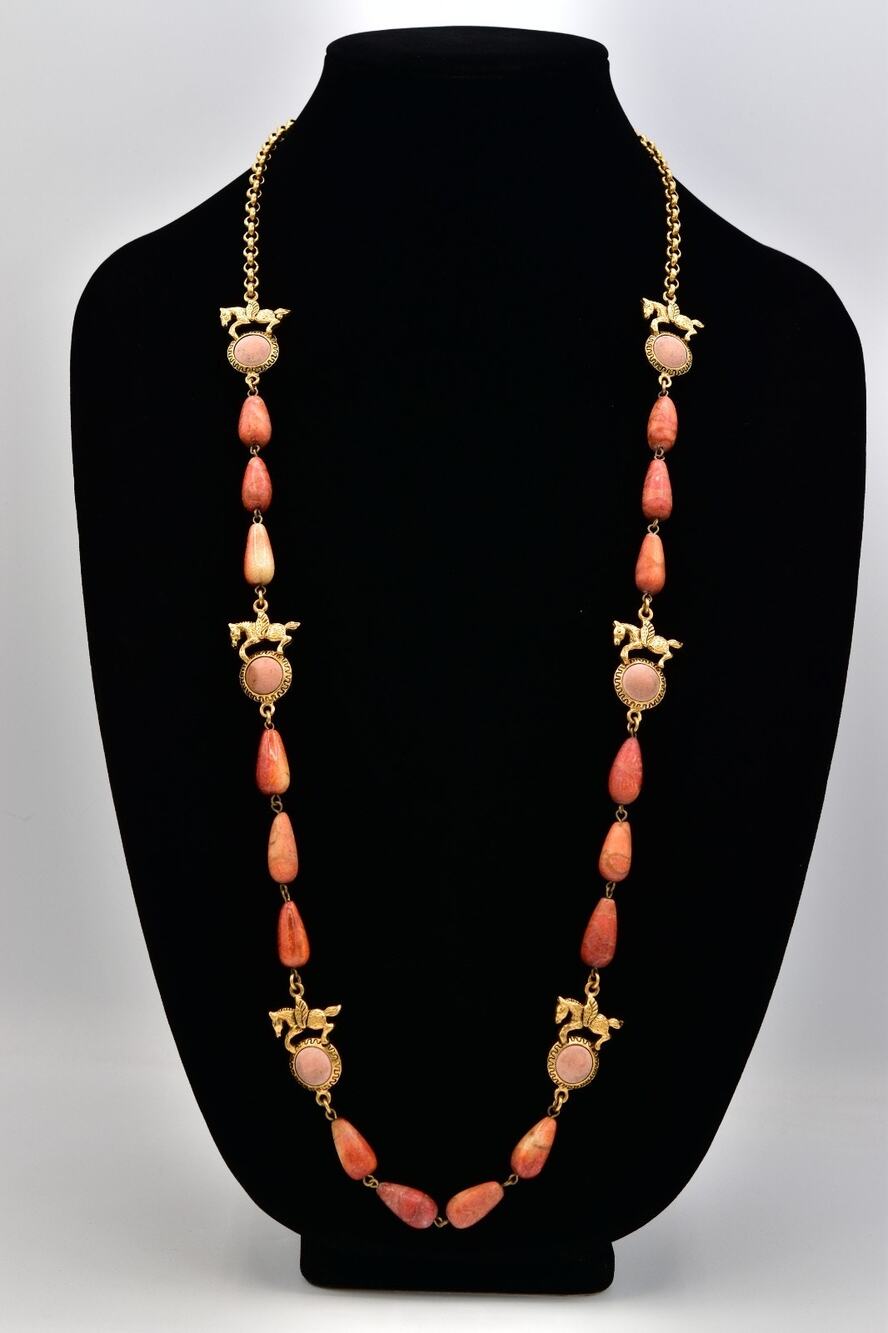 Venturina Paris Vintage Pegasus Horse Coral Wood Beaded Station Necklace BinBH